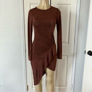 Dark Chestnut Asymmetrical Flowy Long Sleeve Dress